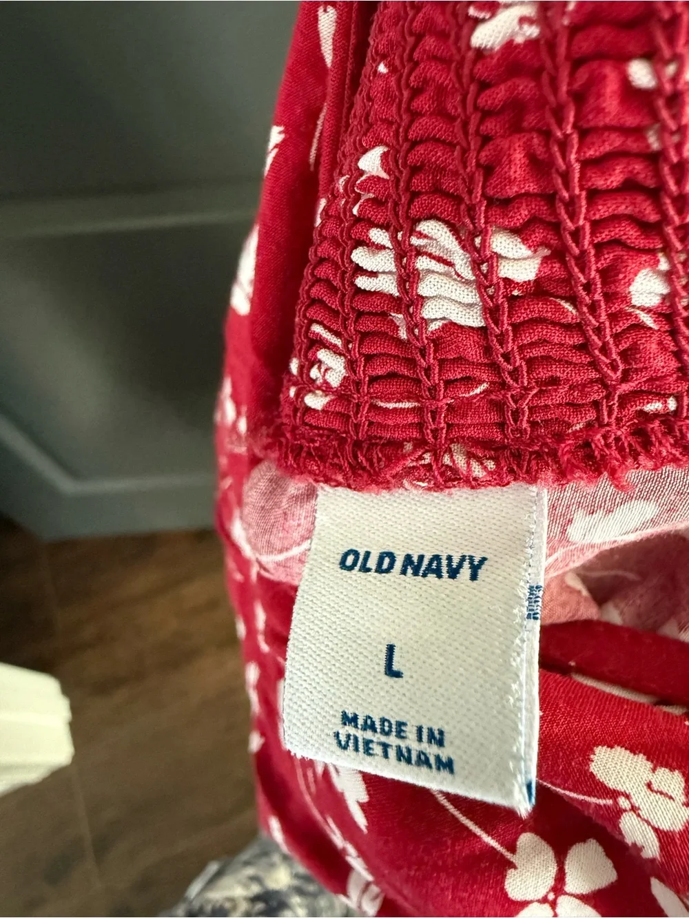 Old Navy Red Floral Smocked Dress with White Print